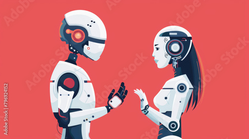 Conversation between humans and robots about business, finance, investment and medical, humans will live together with robots in the future photo