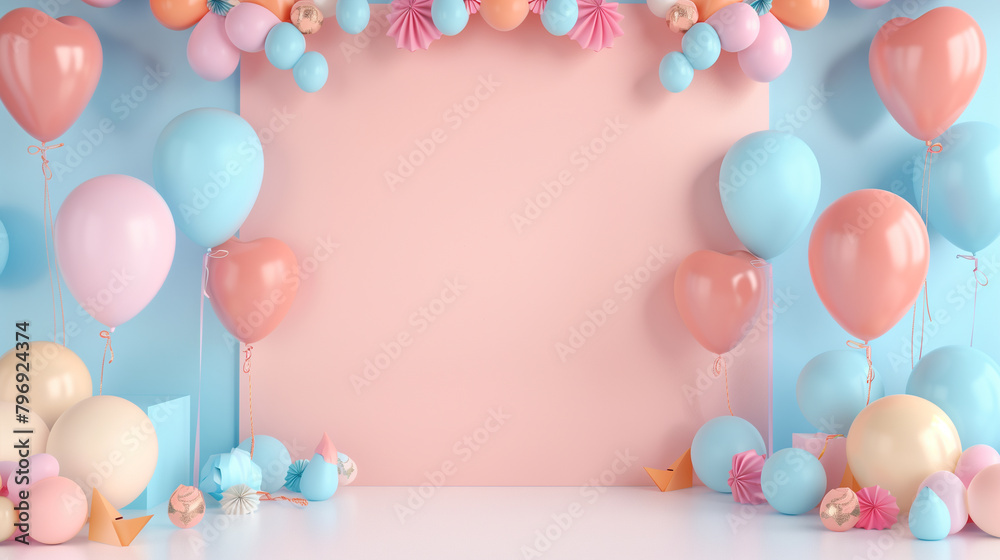 3d rendering of colorful pink background wall with birthday party decoration, pink colors, empty wall mock up, birthday invitation, greeting card