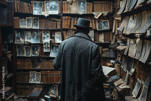 A noir-style investigator in a hat stands among shelves of old books and framed pictures in a library