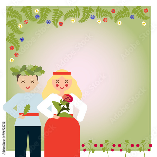 Square Frame with couple in love, flowers and fern. Vector illustration. Midsummer, ligo holiday, young man and woman celebrating ligo 