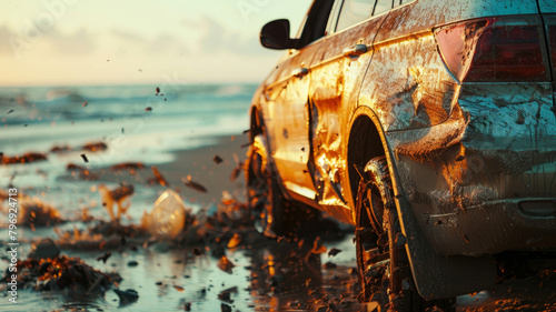 A muddy car on a beach at sunset