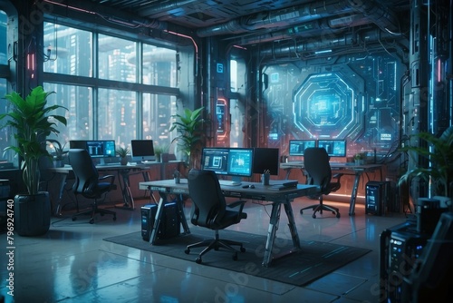 Stylish office of the future, technology development concept, neon color.