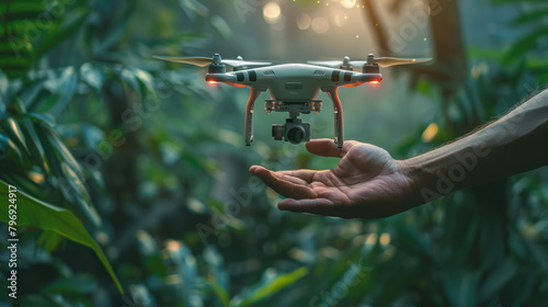Drone technology landing in human hand in nature, panorama. Generative Ai © Sergei