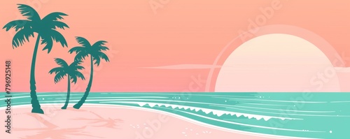 Beach with palm trees and sea in pink  turquoise and mint colors Generative AI