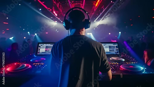 DJ playing music at a nightclub with lights and smoke in the background, Rear view of a DJ with headphones at a nightclub party photo