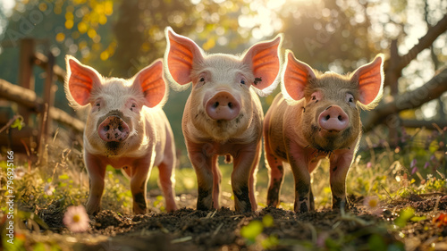 Three pigs on a farm at sunset © SashaMagic