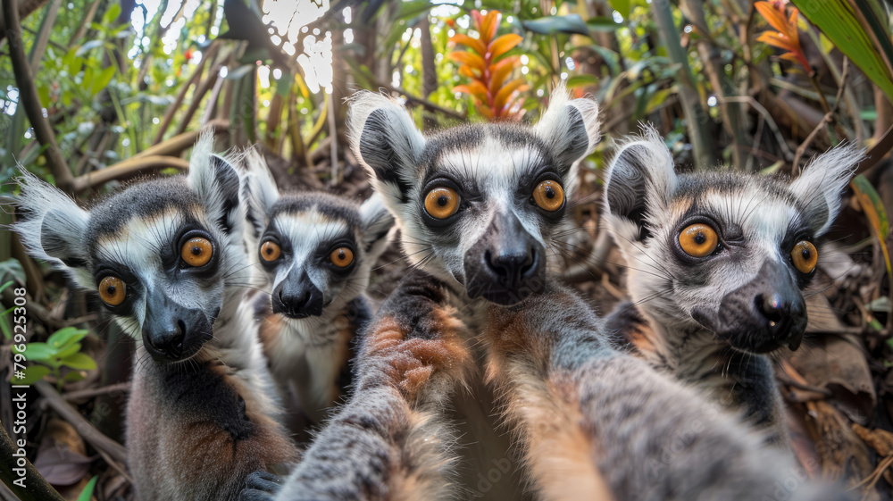 Naklejka premium Four ring-tailed lemurs in a forest