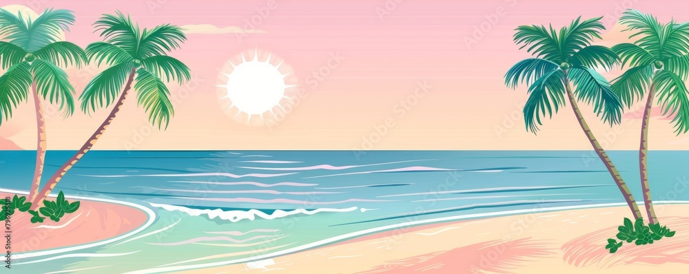 Flat design illustration of a beach with palm trees, the sea and sun in a pink, blue and green color palette Generative AI