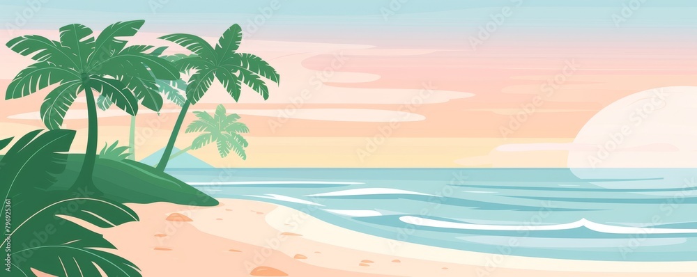 a beach with palm trees and the sea, a pink sky, blue and green colors, simple shapes, in the style of a cute style Generative AI