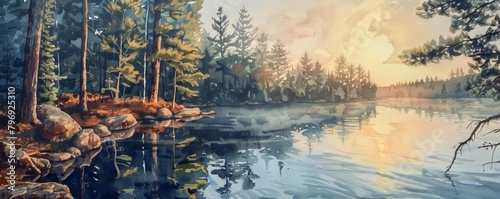 Tall pine trees cast long shadows in the fading light of dusk, bright water color