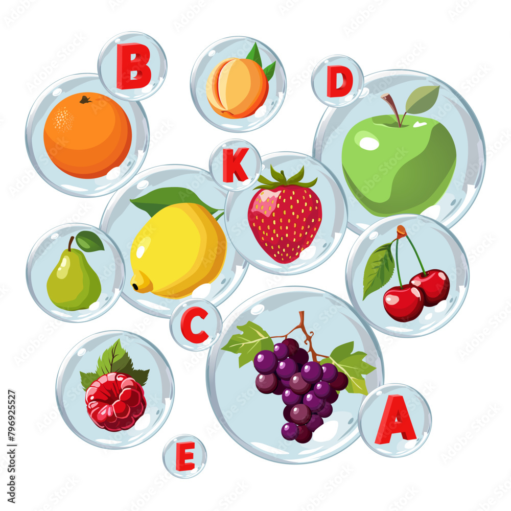 Set of healthy colorful fruit in air bubbles. Isolated vector summer fruit for design