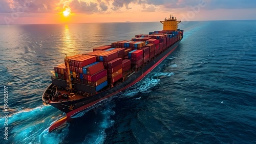 Bird's eye view of a cargo shipping container ship at sea. Concept Shipping Industry, Cargo Transport, Ocean Freight, Maritime Logistics, Aerial Photography