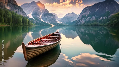 Foggy morning on lake Braies, Dolomites, Italy, A beautiful view of a traditional wooden rowing boat on scenic Lago di Braies in the Dolomites in the soft morning light at sunrise photo