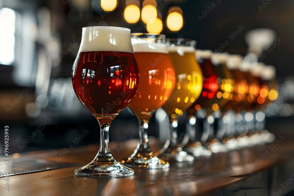 Row of draft beer glasses on bar counter blurred bar background. Concept Bar Photography, Beer Glasses, Blurred Background, Drinks Concept