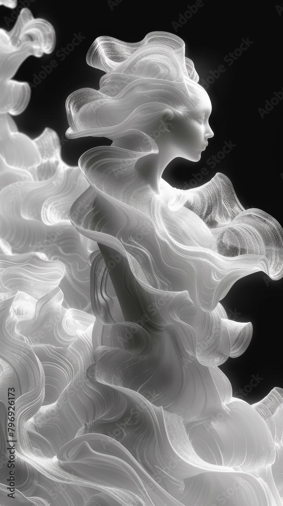 Fototapeta premium A sculpture of a woman with flowing hair in white, AI