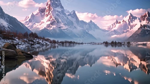 Fantastic mountain landscape with lake and snowcapped peaks at sunrise, A mountain lake with a perfect reflection at sunrise, A beautiful landscape with a purple sky, snowy mountains photo