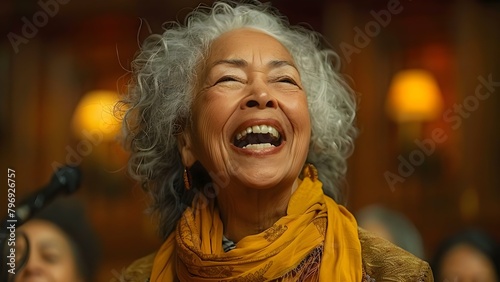 Elderly woman exudes love for music and collaboration as she joyfully sings in choir. Concept Music, Elders, Choir, Community, Joy