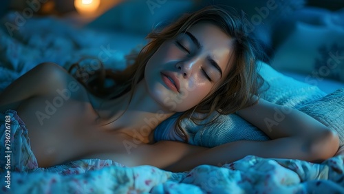 Woman with anxiety finds it difficult to sleep in a dimly lit bedroom under the serene glow of the blue moon. Concept Anxiety, Sleep Difficulty, Dimly Lit, Bedroom Setting, Blue Moon Glow