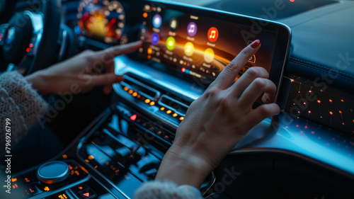 A woman interacting with a car's touchscreen system.