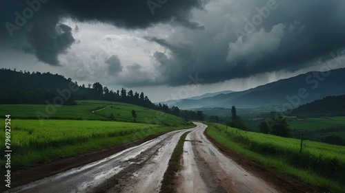 mountain road in the mountains, Curved dirt road in the countryside and green fields in the rainy and stormy season