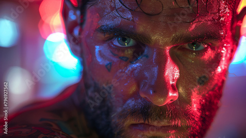 Close-up of a painted  tattooed man in colorful light