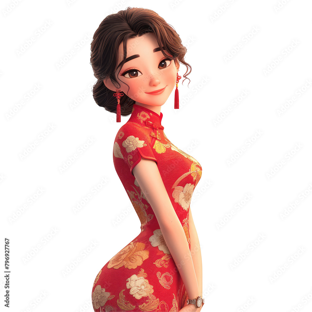 Celebrate Chinese New Year with a cheerful young Asian cartoon woman clad in a vibrant traditional cheongsam qipao dress warmly welcoming you with a bright smile against a transparent background Celebrate Chinese New Year with a cheerful young Asian cartoon woman clad in a vibrant traditional cheongsam qipao dress warmly welcoming you with a bright smile against a transparent background