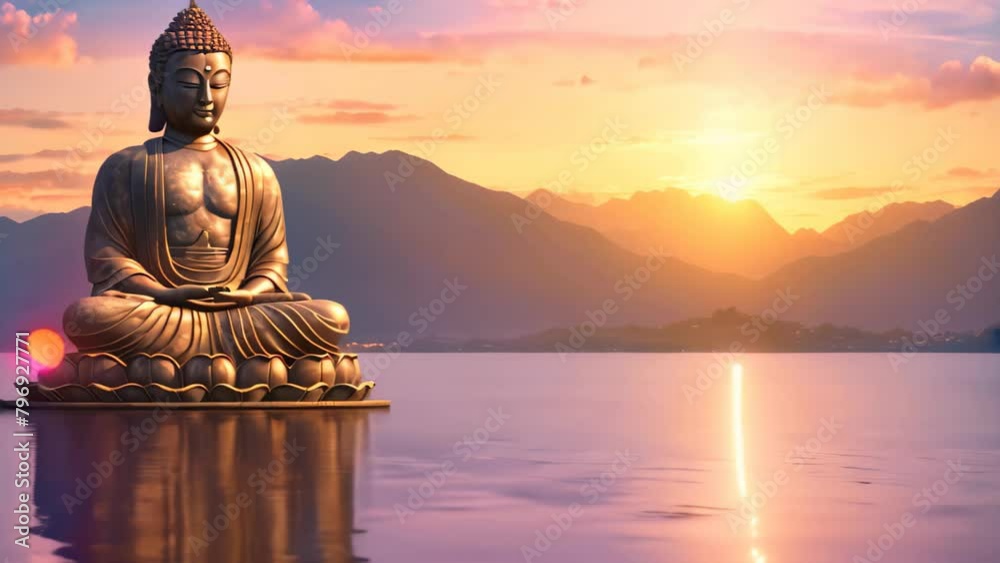 Buddha statue on the lake at sunset with mountains in background, Buddha statue in the sunset
