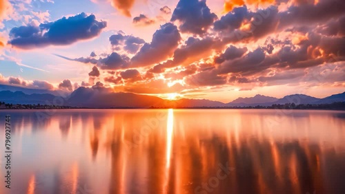 Sunset on the lake with mountains in the background, New Zealand, Bright sunset over Lake Geneva, Switzerland, with golden clouds reflecting in the water photo