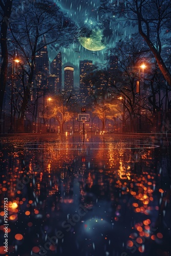 Wallpaper Mural A mesmerizing artwork portraying a rainy city street illuminated by streetlamps with a surreal display of the northern lights in the sky above Torontodigital.ca