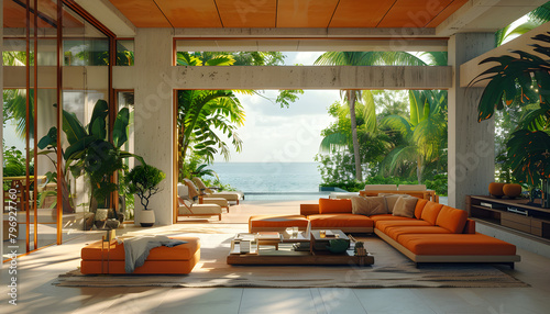 A modern, light green beach house with orange interior, offering a luxurious and relaxing tropical getaway. photo