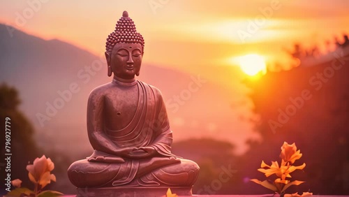 Buddha statue on sunset background. Buddha statue on the mountain, Buddha statue in the sunset photo
