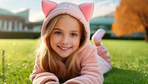 Jovem garota vestindo onesie deitada em gramado photo