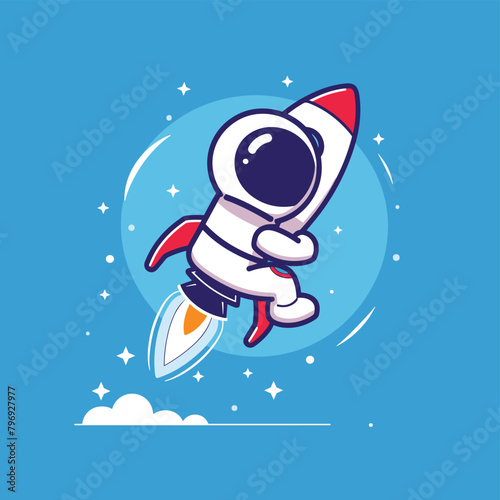 Cartoon astronaut riding rocket flat vector illustration