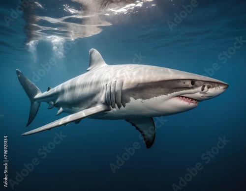 Underwater shot of a solitary shark swimming in the blue ocean with visible teeth and fins. © Liera