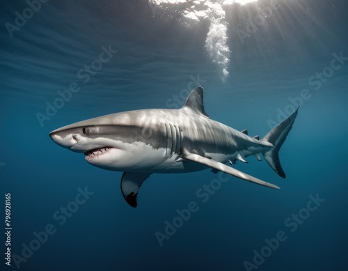 Underwater shot of a solitary shark swimming in the blue ocean with visible teeth and fins. © Liera