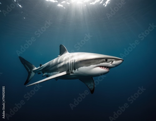 Underwater shot of a solitary shark swimming in the deep blue ocean with sun rays filtering through the surface.