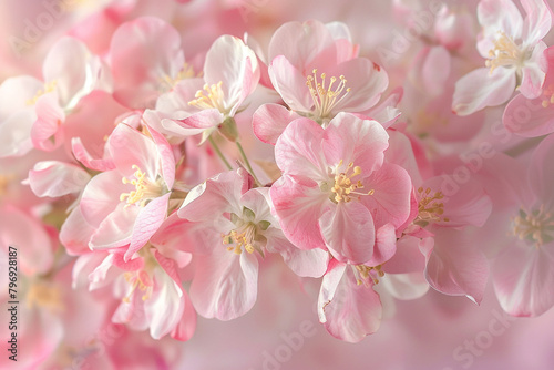 A cluster of delicate pink apple blossoms, their petals creating a soft and ethereal atmosphere.