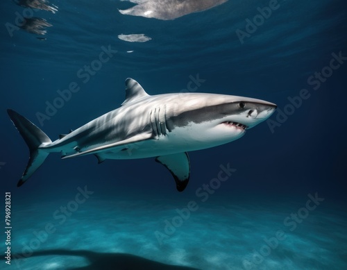 Underwater shot of a solitary shark swimming in the deep blue ocean with sun rays filtering through the surface. © Liera