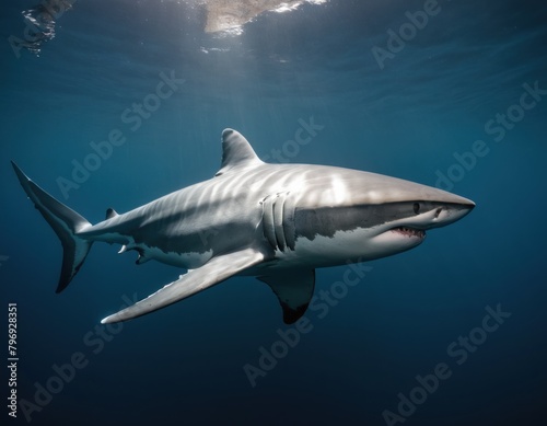 Underwater shot of a solitary shark swimming in the deep blue ocean with sun rays filtering through the surface.