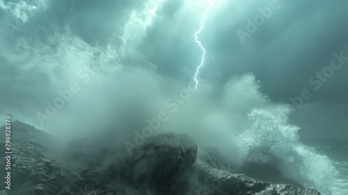 A stormy sea with lightning.