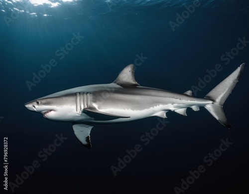 Underwater view of a great white shark swimming in the blue ocean, showcasing its powerful body and fins.