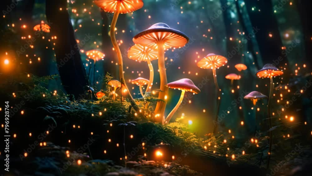 Magic mushrooms in the forest at night. Fantasy forest landscape with ...