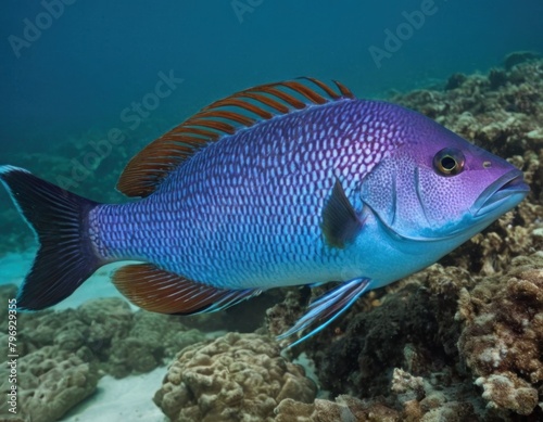 Tropical fish swimming in clear blue ocean water, marine life underwater scene.