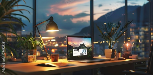 Modern home office interior with a desk laptop and window view of a mountain landscape at night photo