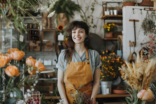 Happy female florist in apron working in flower shop. Concept Flower Arrangements, Small Business Owner, Floral Design, Apron Fashion, Retail Floral Display