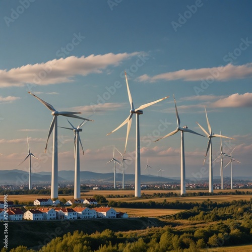 World wind day theme having wind turbines are generating the electricty behind them a beautiful view of nature photo