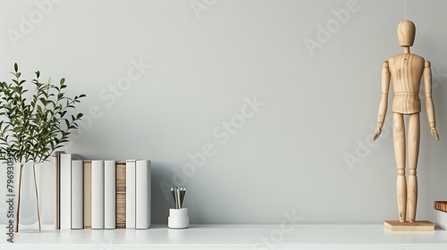 Modern home office interior with white shelf books and wooden mannequin figure on soft grey wall background