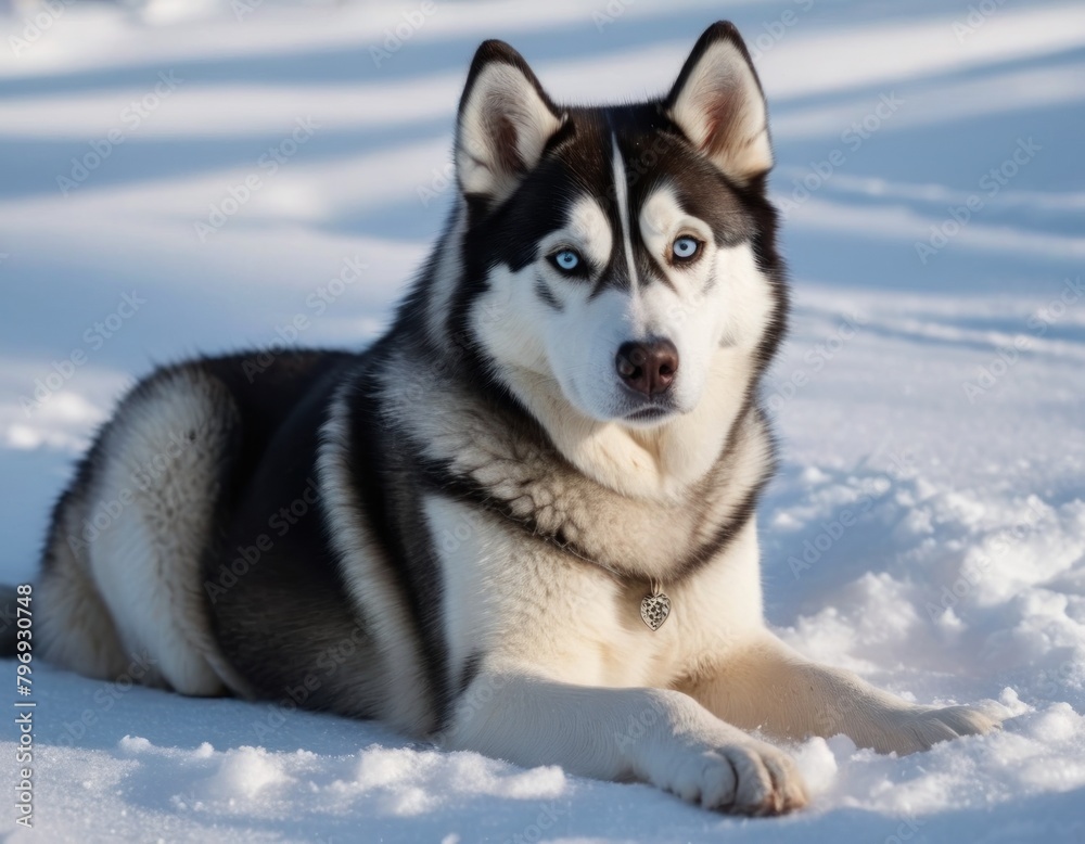 Siberian Husky dog with blue eyes lying in snow, looking to the side.