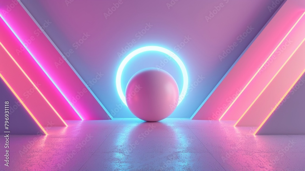 3D render of an abstract background with geometric shapes and neon lights. White sphere in the foreground 3D render of an abstract background with geometric shapes and neon lights. White sphere in the foreground