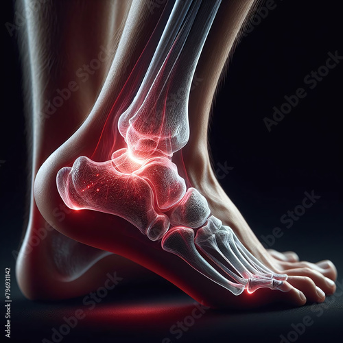 3D illustration of human foot anatomy with highlighted painful ankle joint, medical concept.